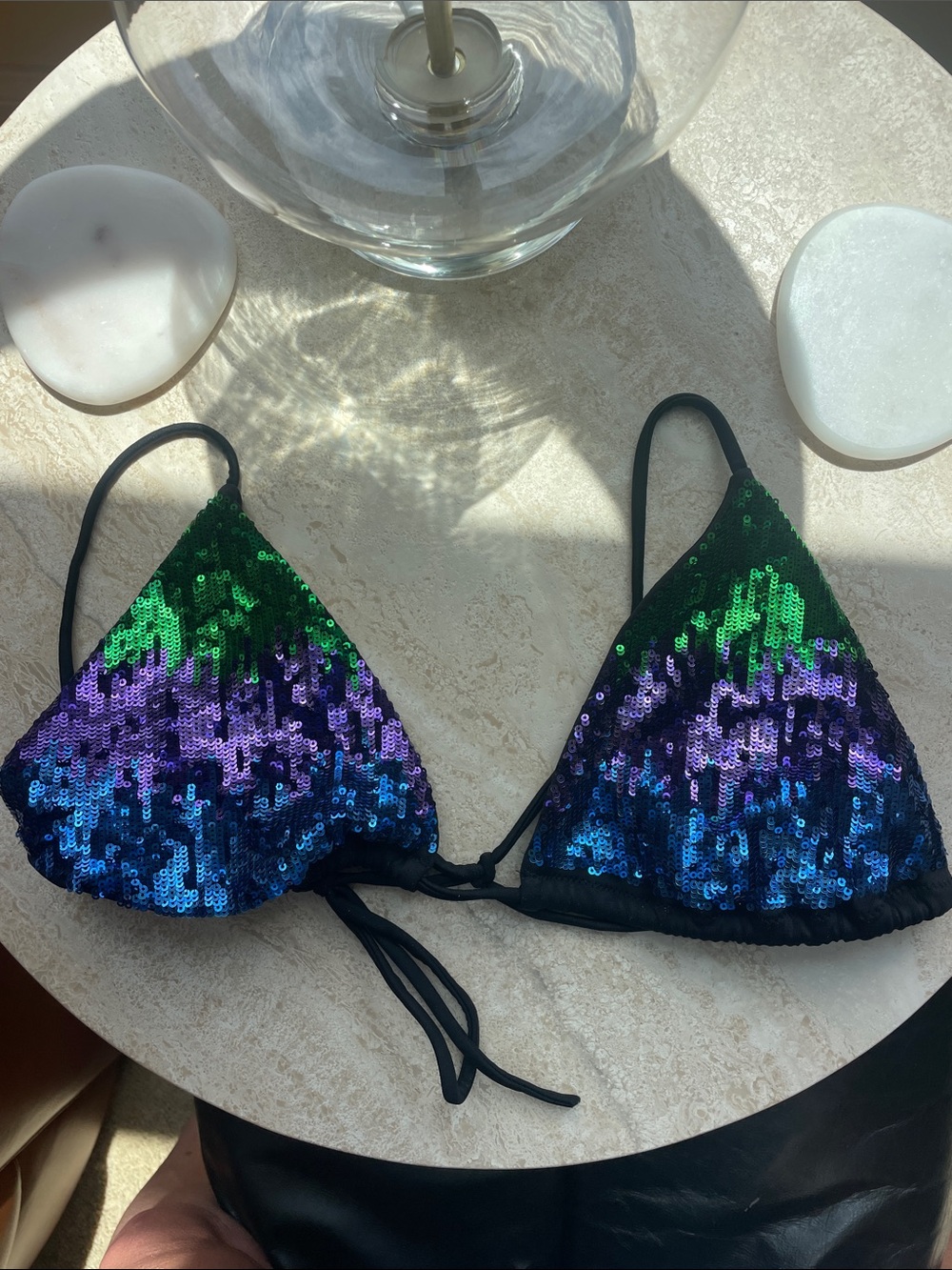 Vintage Victorias Secret Sequin Triangle Bikini Top in Green, Purple & Blue